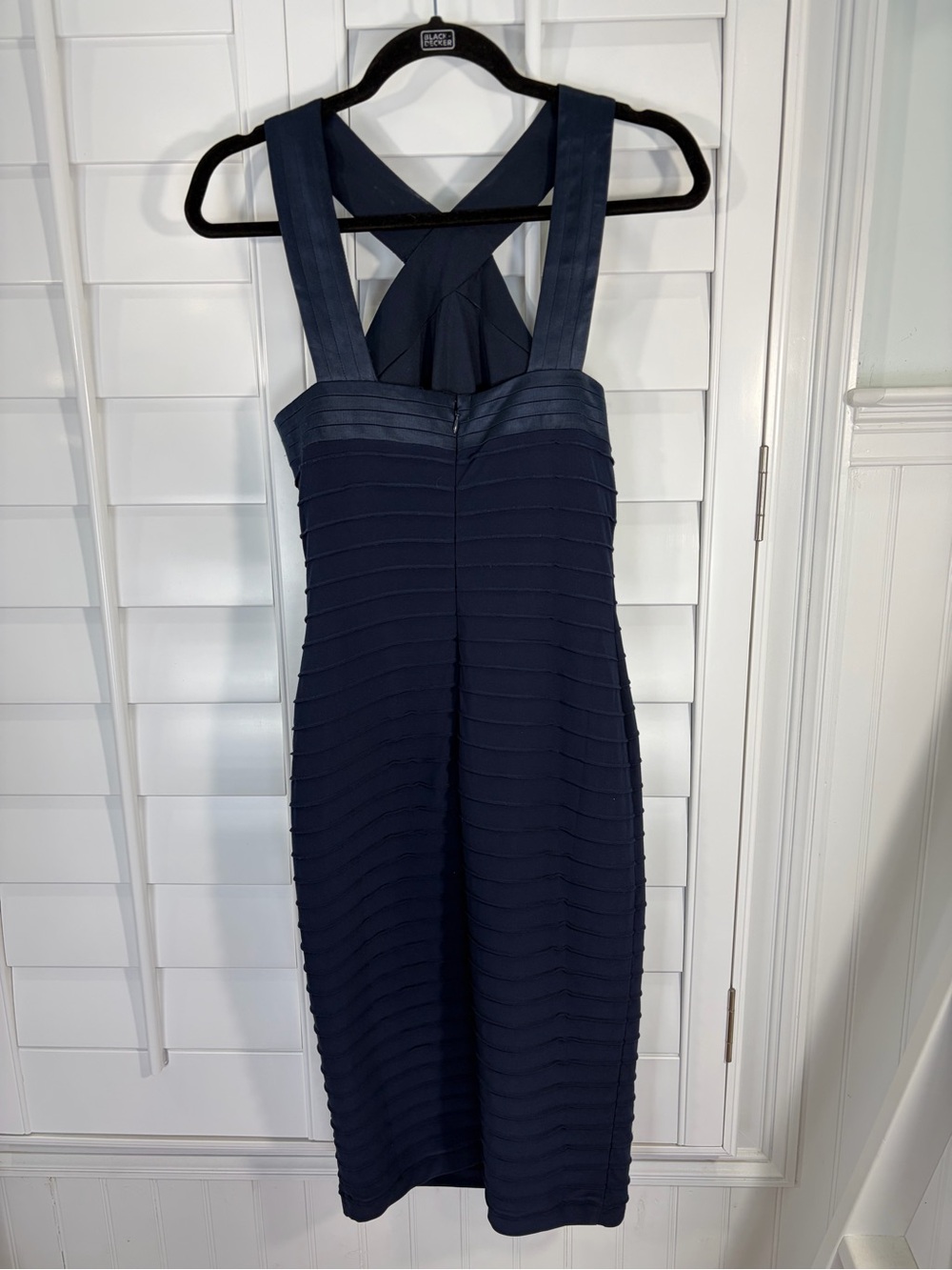 WHBM Navy Cross-Front Bodycon Midi Dress (2) - Picture 3 of 9